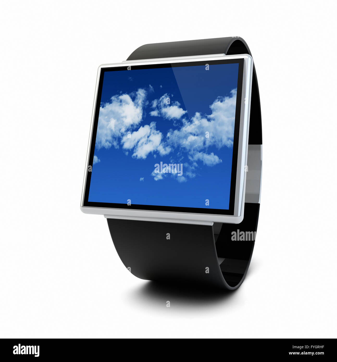 Appareil portable moderne créative technologie concept : smat watch avec des nuages sur l'écran isolé sur fond blanc Banque D'Images