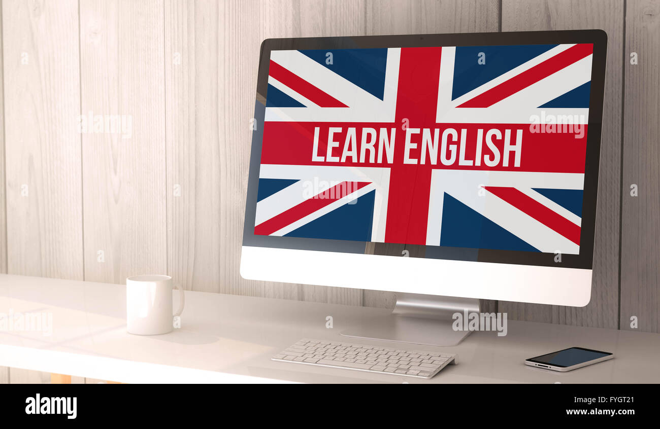 Rendre l'espace de travail numérique généré avec apprendre l'anglais à l'écran de l'ordinateur et smartphone. Tous les graphiques de l'écran sont constitués. Banque D'Images