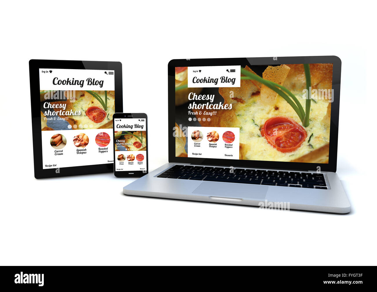 Le rendu d'un smartphone, d'un tablet pc et un ordinateur avec un design adapté à l'écran blog cuisine Banque D'Images