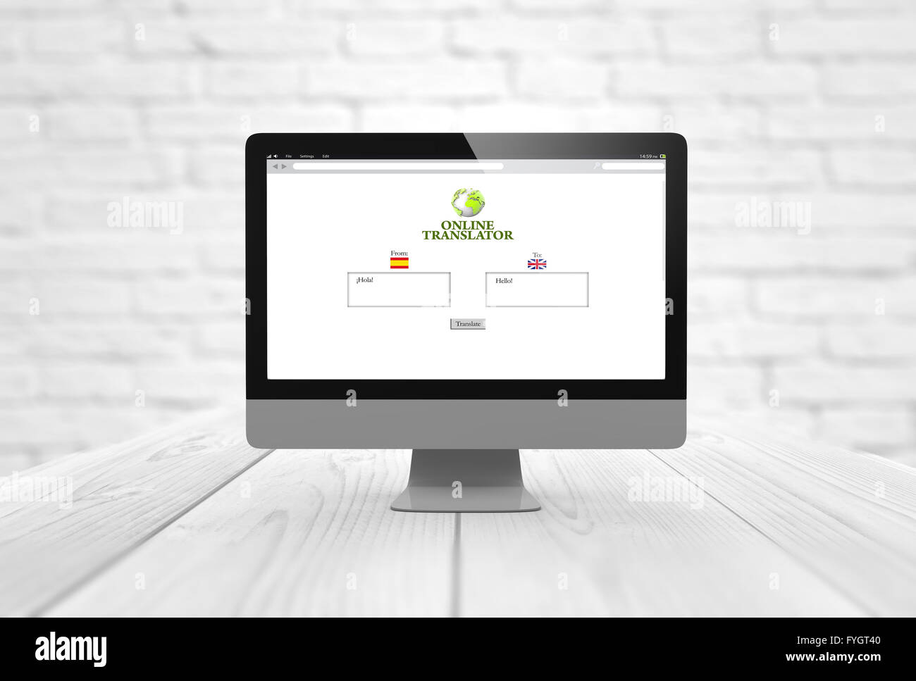Concept de traduction : ordinateur généré numérique avec traducteur de sites web sur l'écran. Tous les graphiques de l'écran sont constitués. Banque D'Images