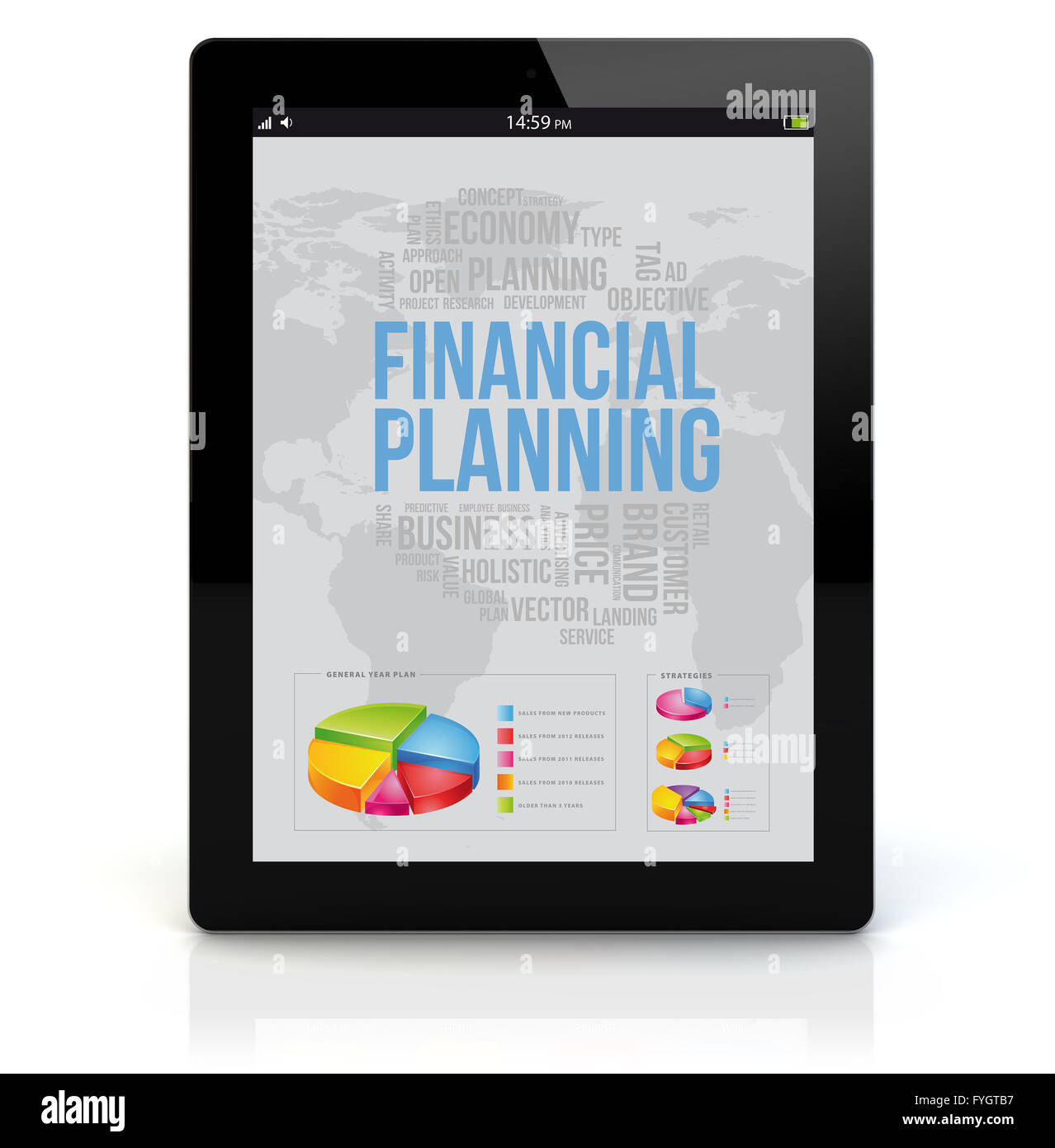 Finances et affaires concept : rendre d'un tablet pc avec la planification financière à l'écran. Écran graphique sont constitués. Banque D'Images