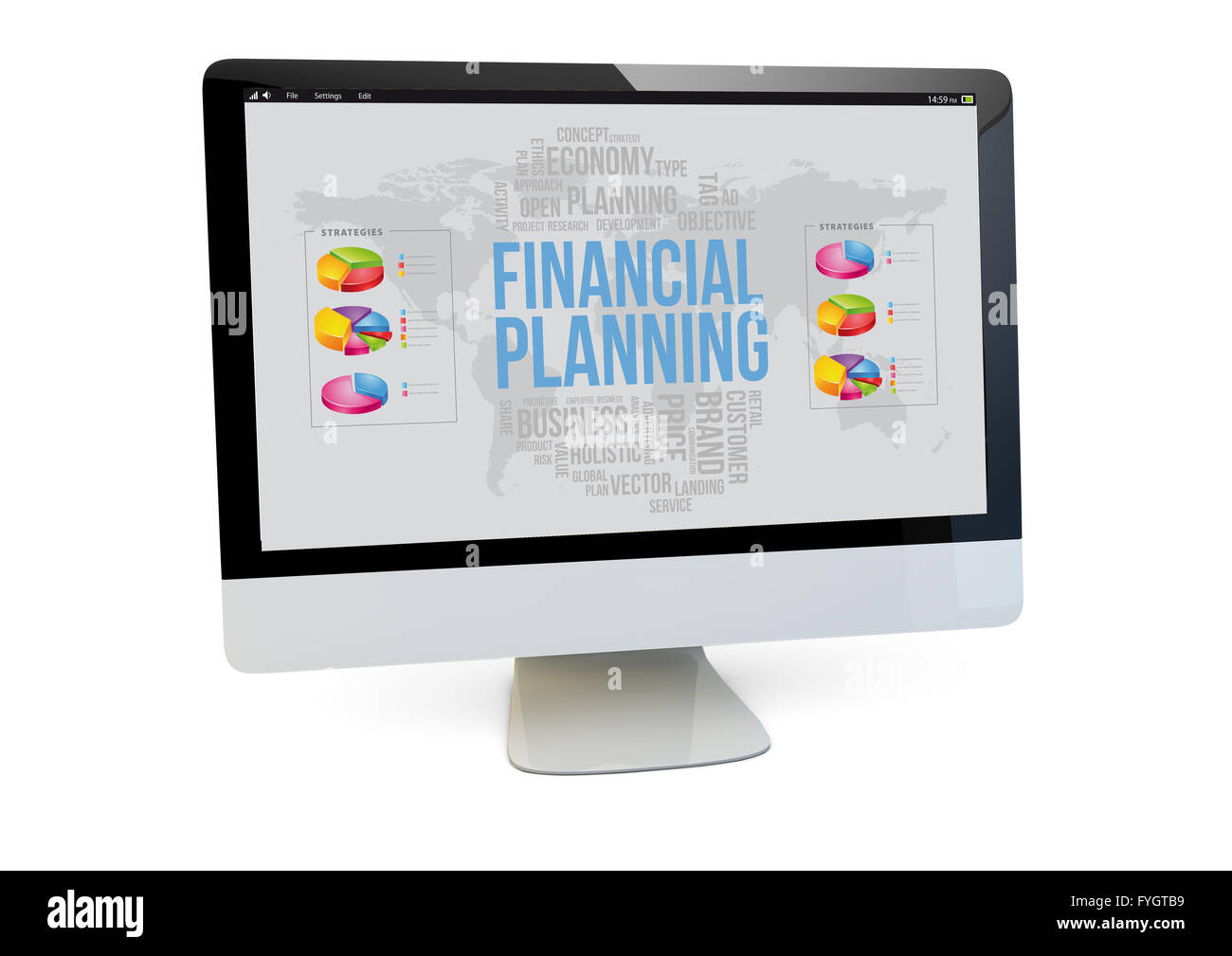 Financial Concept : render d'un ordinateur avec la planification financière à l'écran isolé Banque D'Images