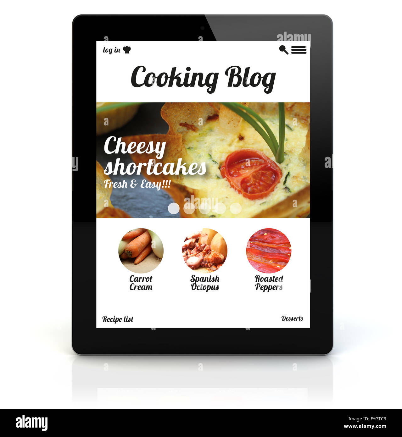 En ligne cuisine concept : rendre d'un tablet pc avec des blog sur l'écran Banque D'Images