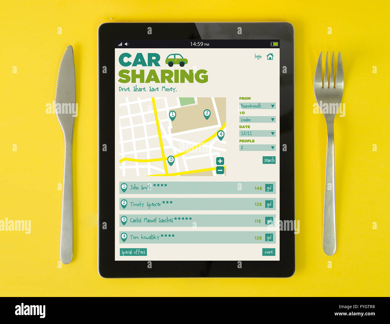 Concept d'auto-partage : partage de voiture avec petit-déjeuner hipster app sur un écran de tablette. Écran graphique sont constitués. Banque D'Images