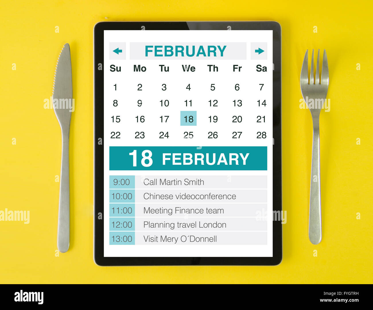 Le petit-déjeuner avec hipster organisateur sur une tablette écran. Écran graphique sont constitués. Banque D'Images