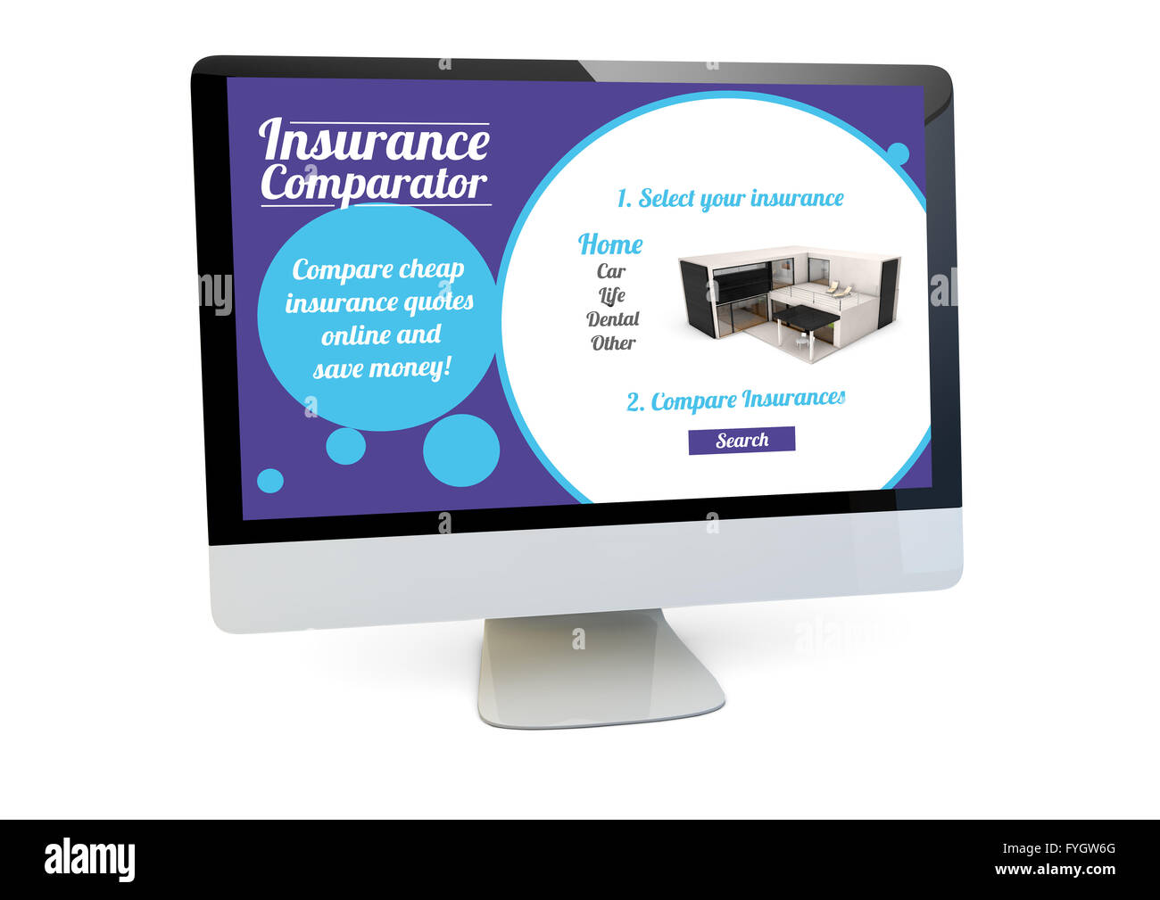Concept d'assurance moderne : render d'un ordinateur avec comparateur d'assurance sur le site isolé de l'écran Banque D'Images