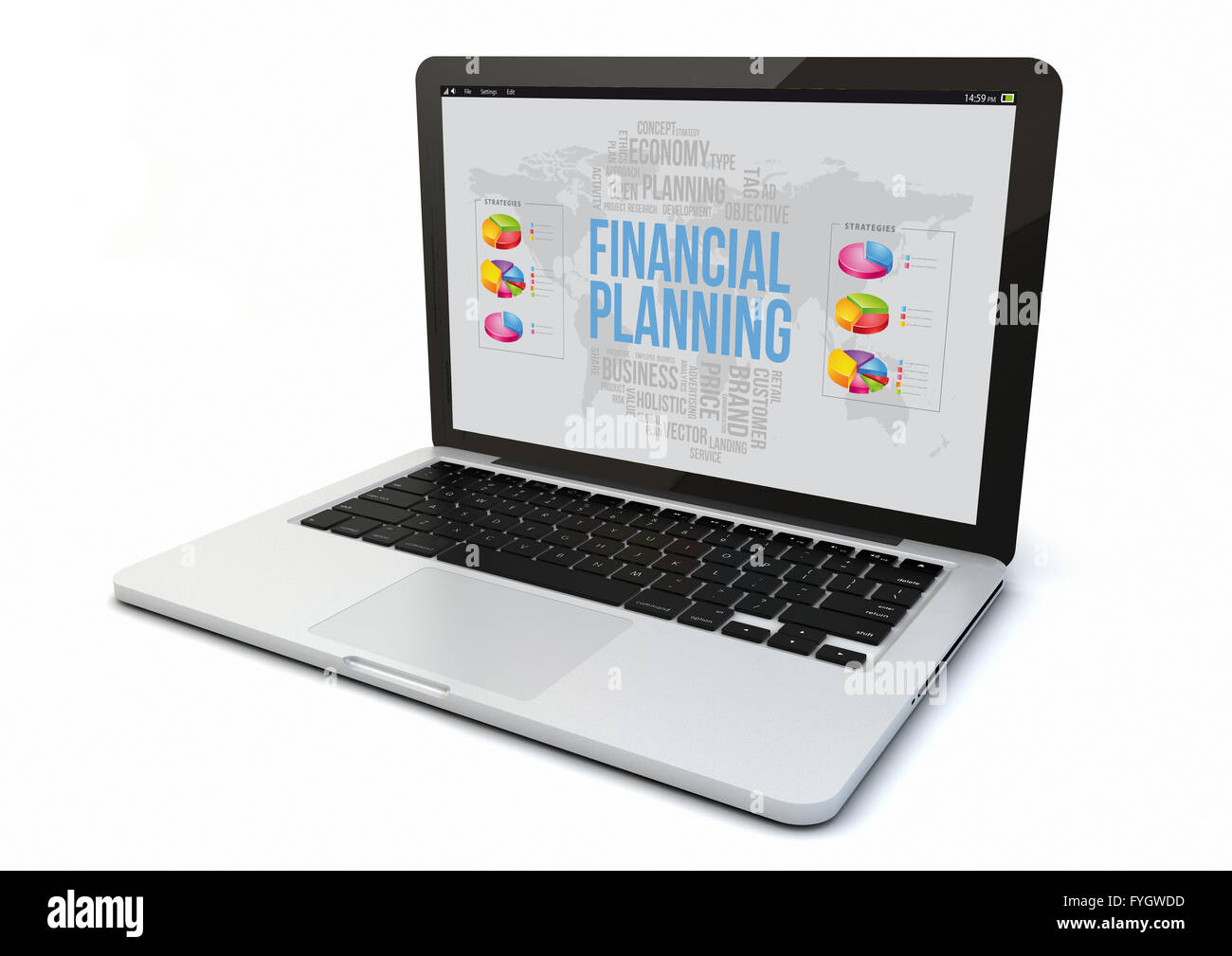 Le rendu 3D d'un ordinateur généré avec la planification financière à l'écran. Écran graphique sont constitués. Banque D'Images
