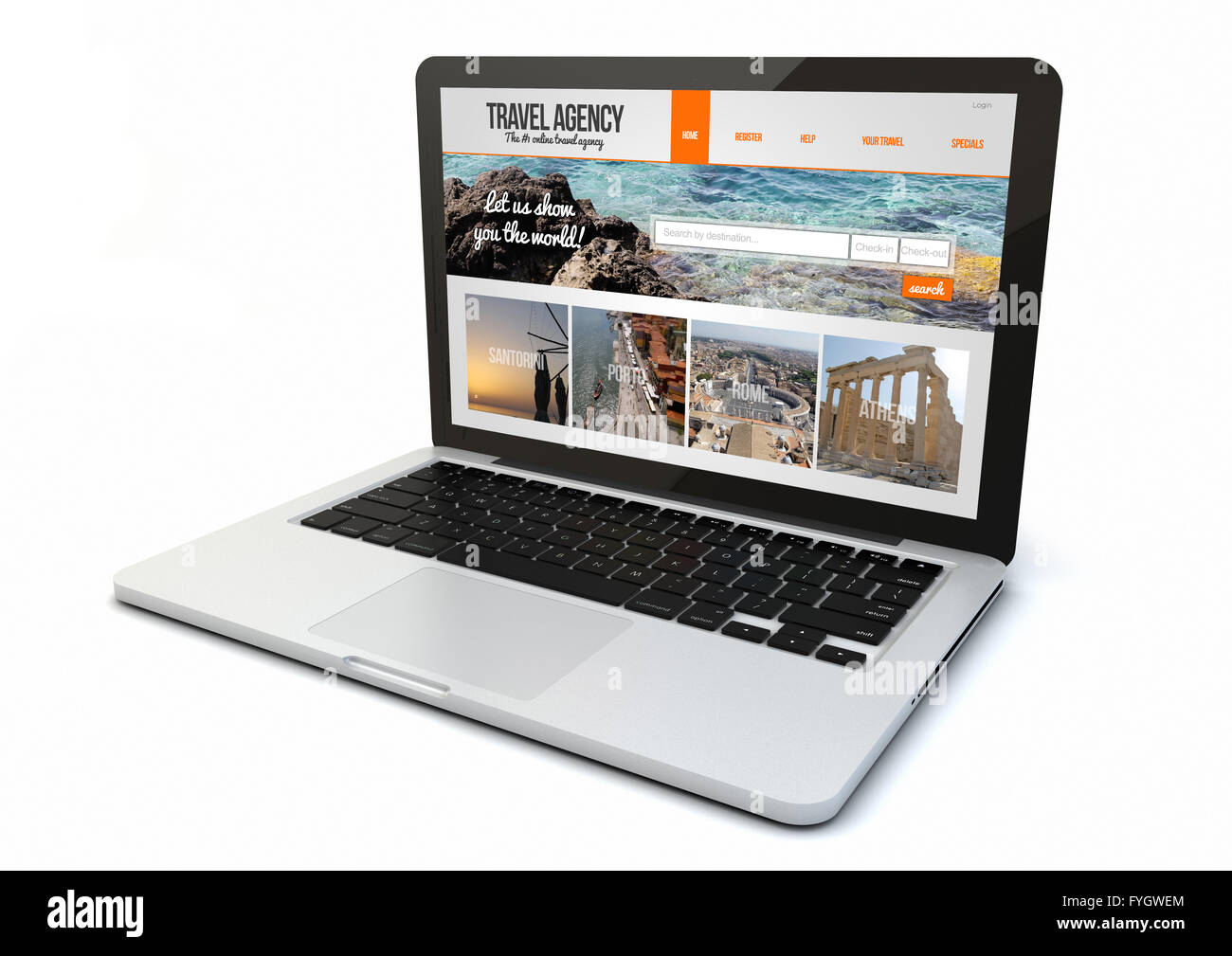Le rendu 3D d'un ordinateur généré avec agence de voyages site sur écran. Écran graphique sont constitués. Banque D'Images