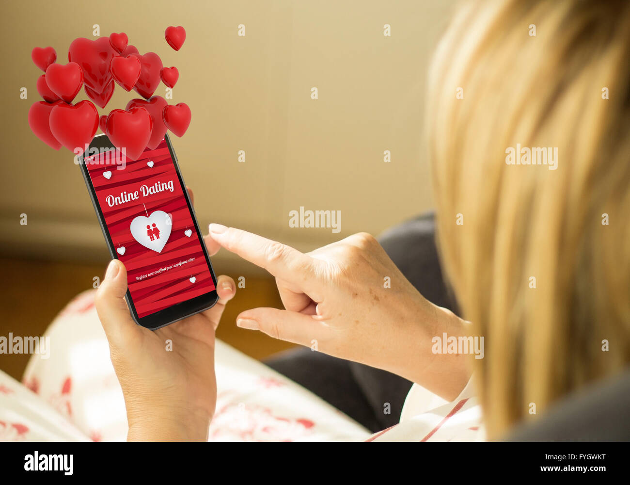 Concept des relations modernes : smartphone tactile 3D généré avec la datation en ligne sur l'écran. Écran gra Banque D'Images