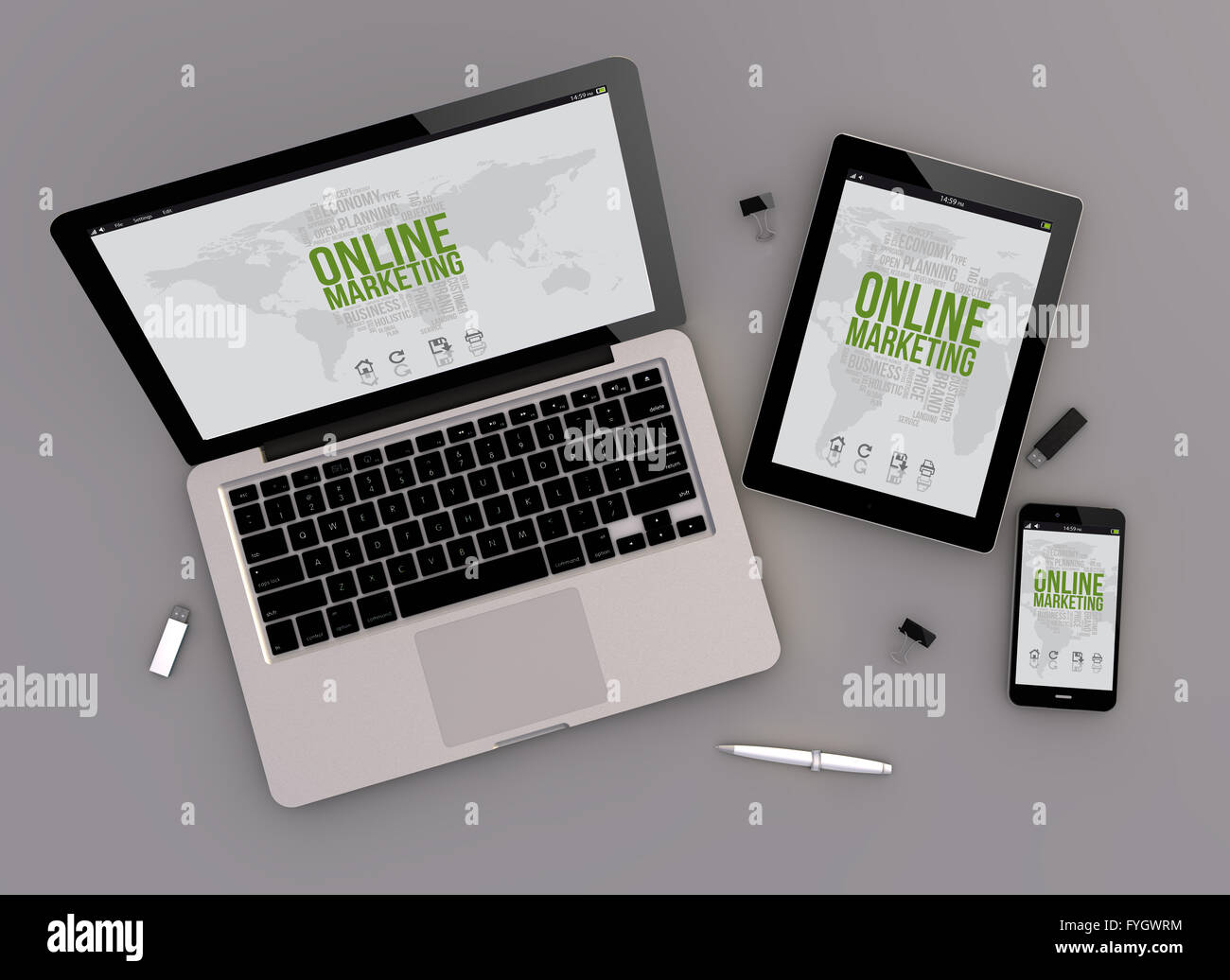 Le rendu 3D de dispositifs adaptés aux besoins de marketing en ligne avec un ordinateur portable, tablet pc et smartphone écran tactile. vue d'en haut. Tous les éboulements Banque D'Images