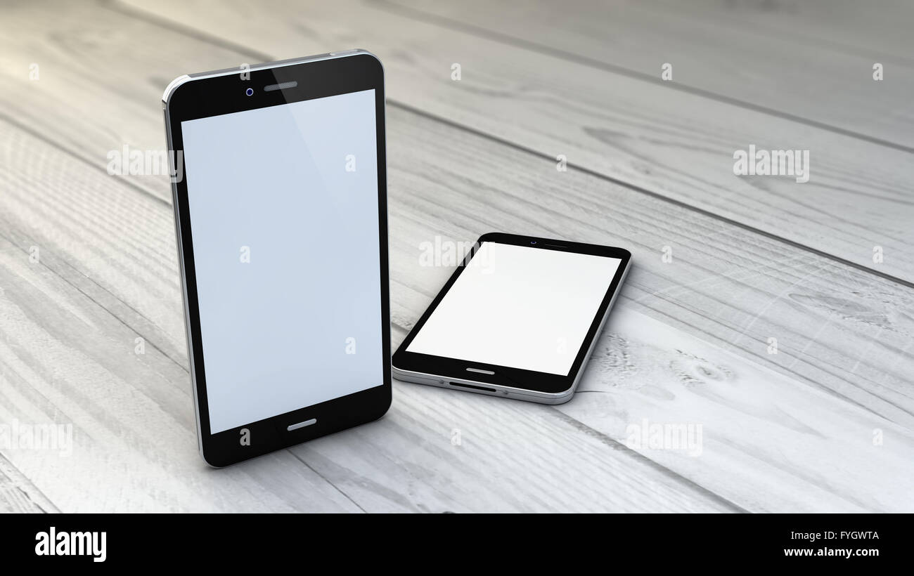 Généré numérique Smartphones rendus sur fond de bois blanc Banque D'Images