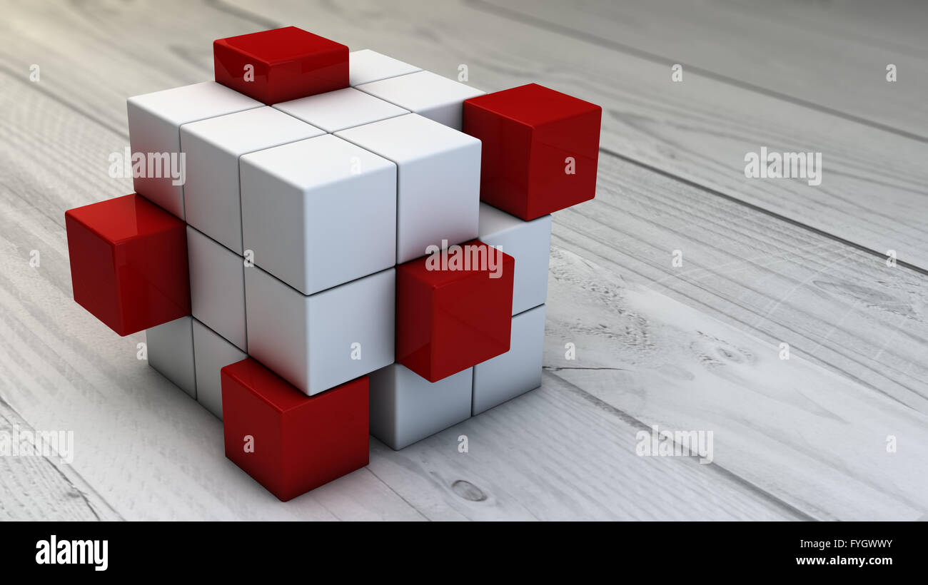 Le travail d'équipe ou de la créativité business concept : abstract cubes rendre sur table en bois Banque D'Images