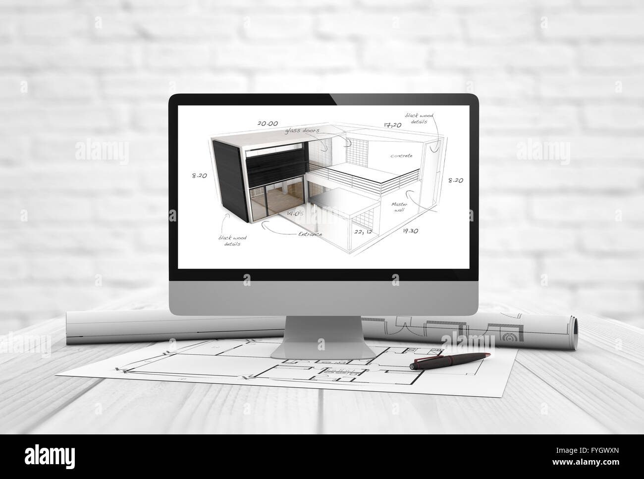 Généré numérique architect studio avec chambre et ordinateur projet parcelles table en bois Banque D'Images