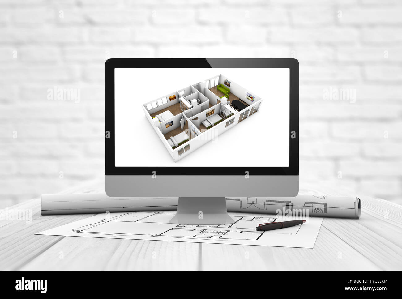 Généré numérique studio de design d'intérieur architecte avec ordinateur et parcelles sur table en bois Banque D'Images