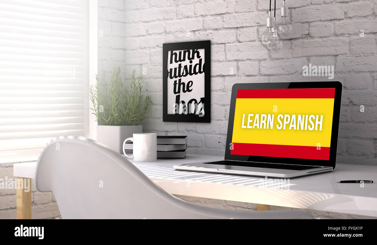 Lieu de travail avec ordinateur portable. apprendre l'anglais à l'écran. Tous les graphiques de l'écran sont constitués. Banque D'Images