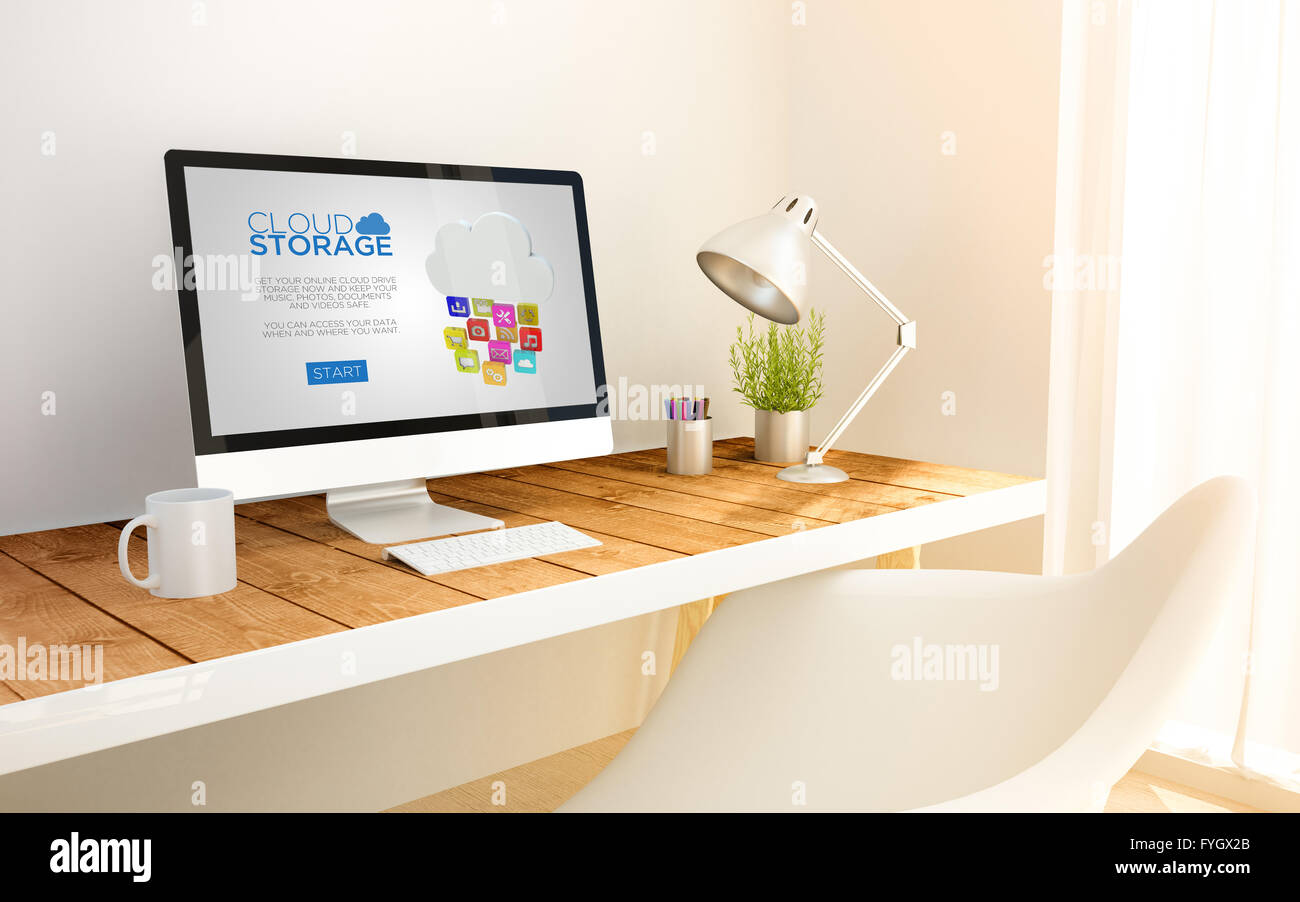 Généré 3d espace de stockage cloud minimaliste avec écran de l'ordinateur ordinateur et copyspace. 3d illustration graphique de l'écran. Banque D'Images