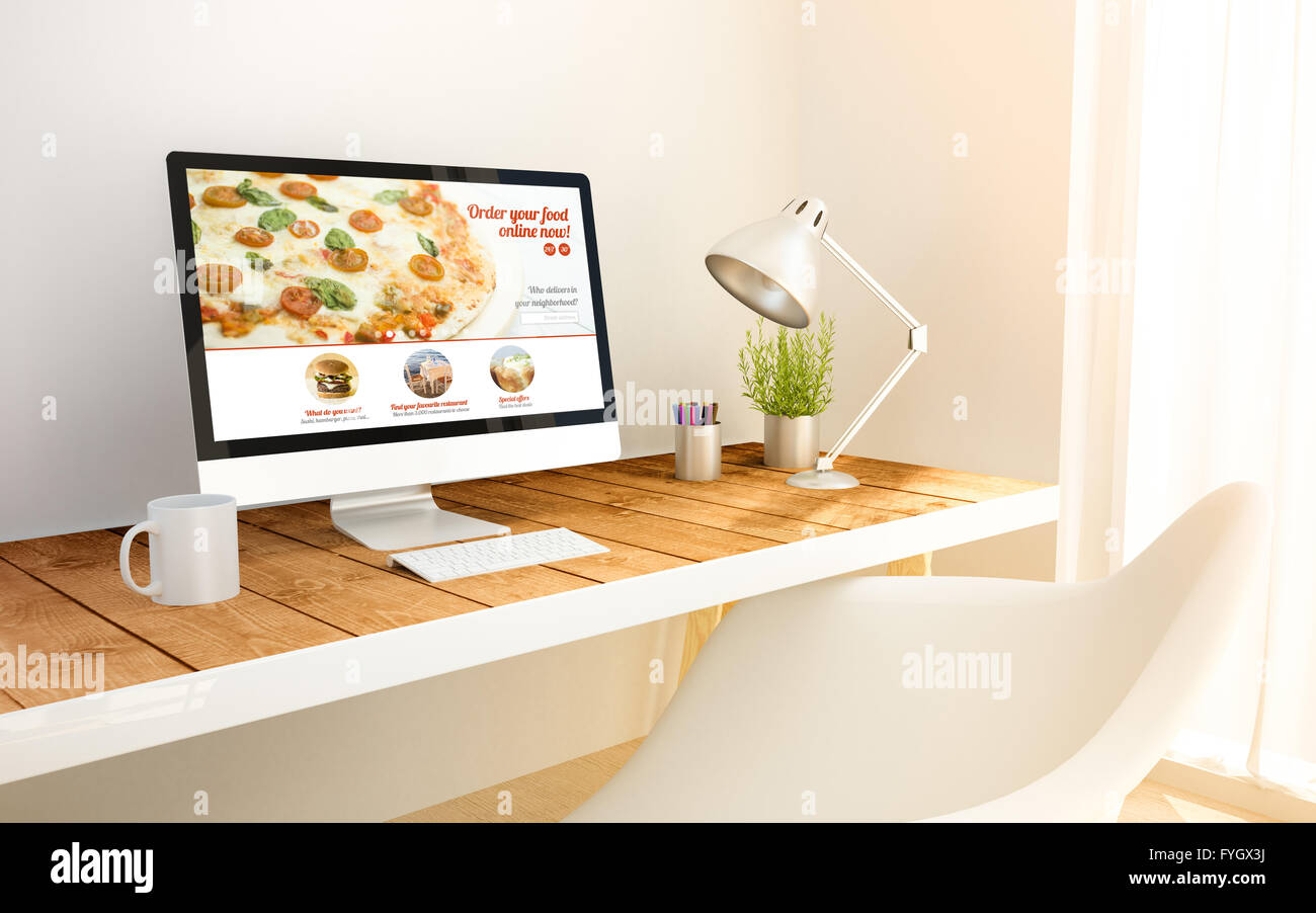 Généré 3d espace minimaliste avec commande en ligne sur ordinateur et copyspace. 3d illustration. Tous les écrans graphiques sont constitués. Banque D'Images
