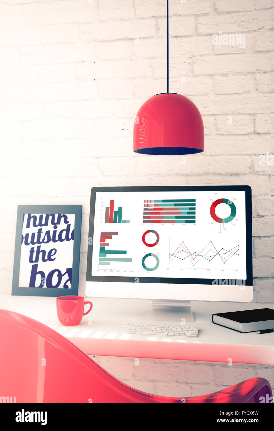 Red Workspace avec graphiques d'affaires ordinateur. 3d illustration. Banque D'Images