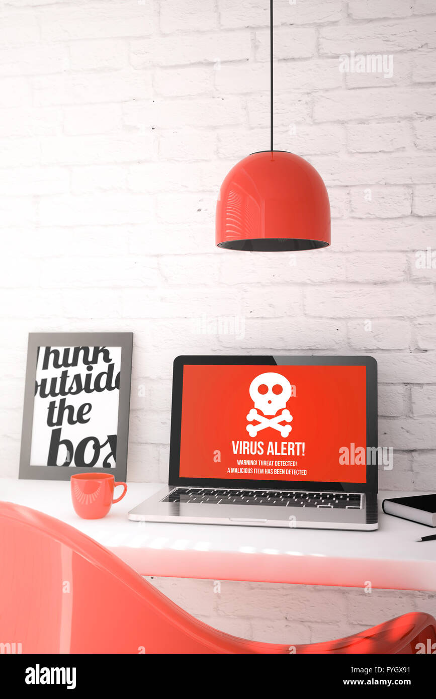 Ordinateur portable avec alerte de virus sur un desktop dans bureau. Tous les graphiques de l'écran sont constitués. 3d illustration. Banque D'Images