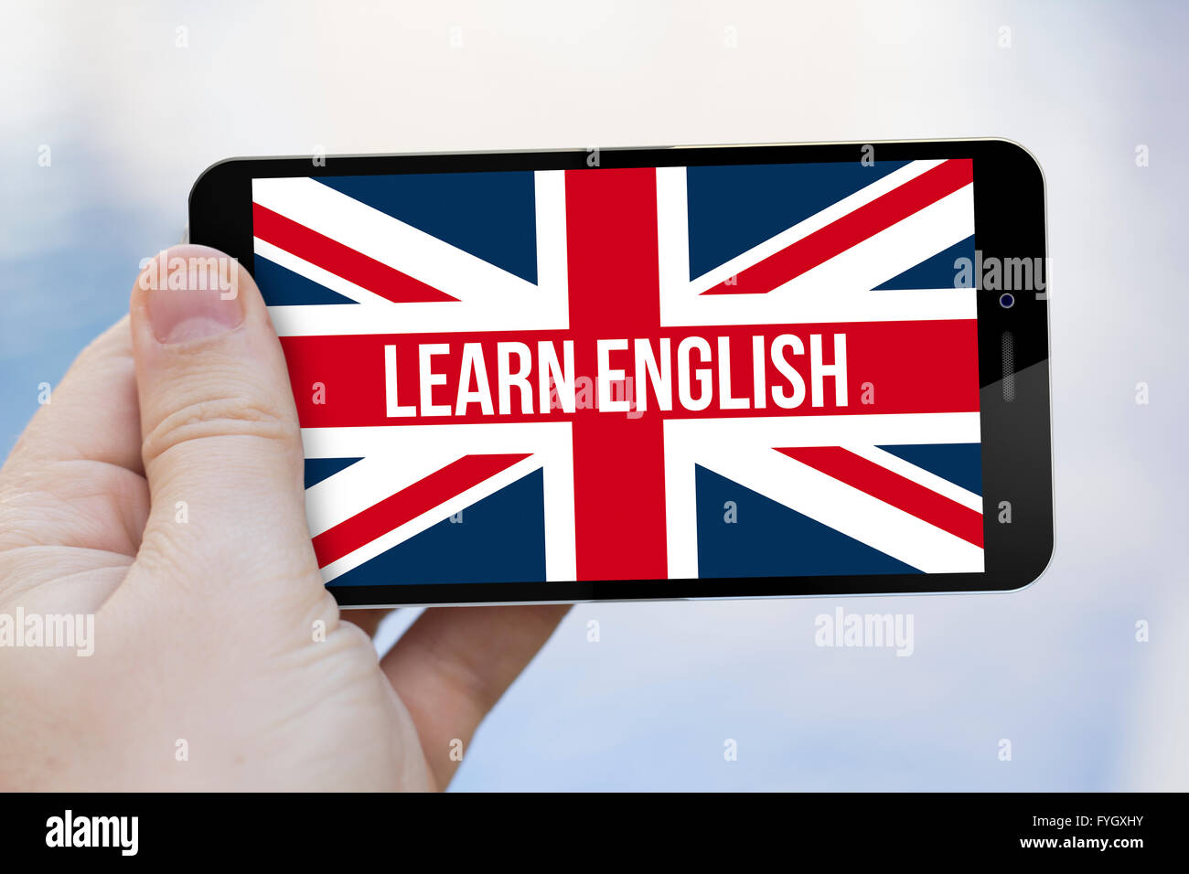 Concept d'apprentissage des langues : apprendre l'anglais un smartphone 3D généré. Écran graphique sont constitués. Banque D'Images