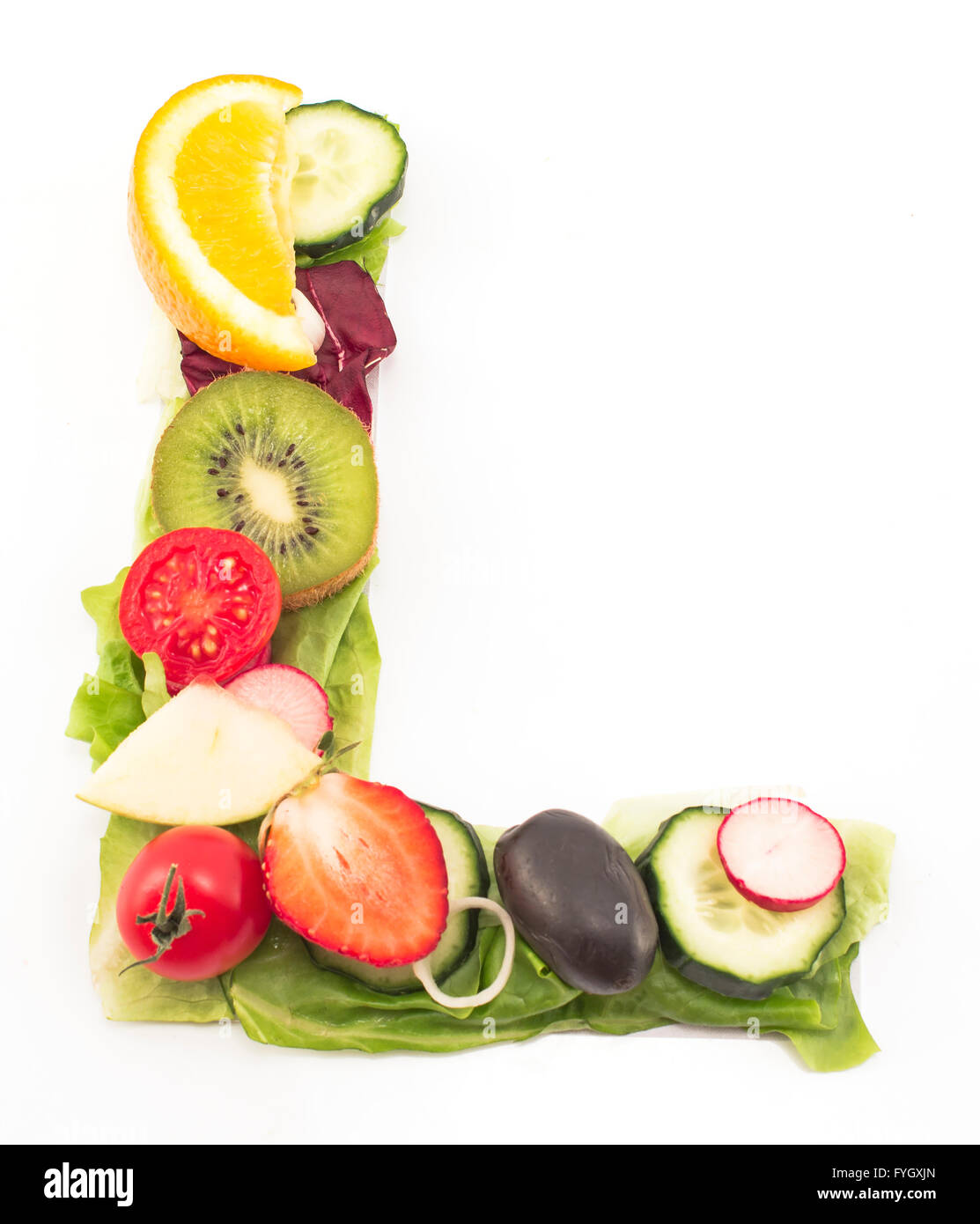 Lettre L n'a fait de la salade et des fruits. Banque D'Images
