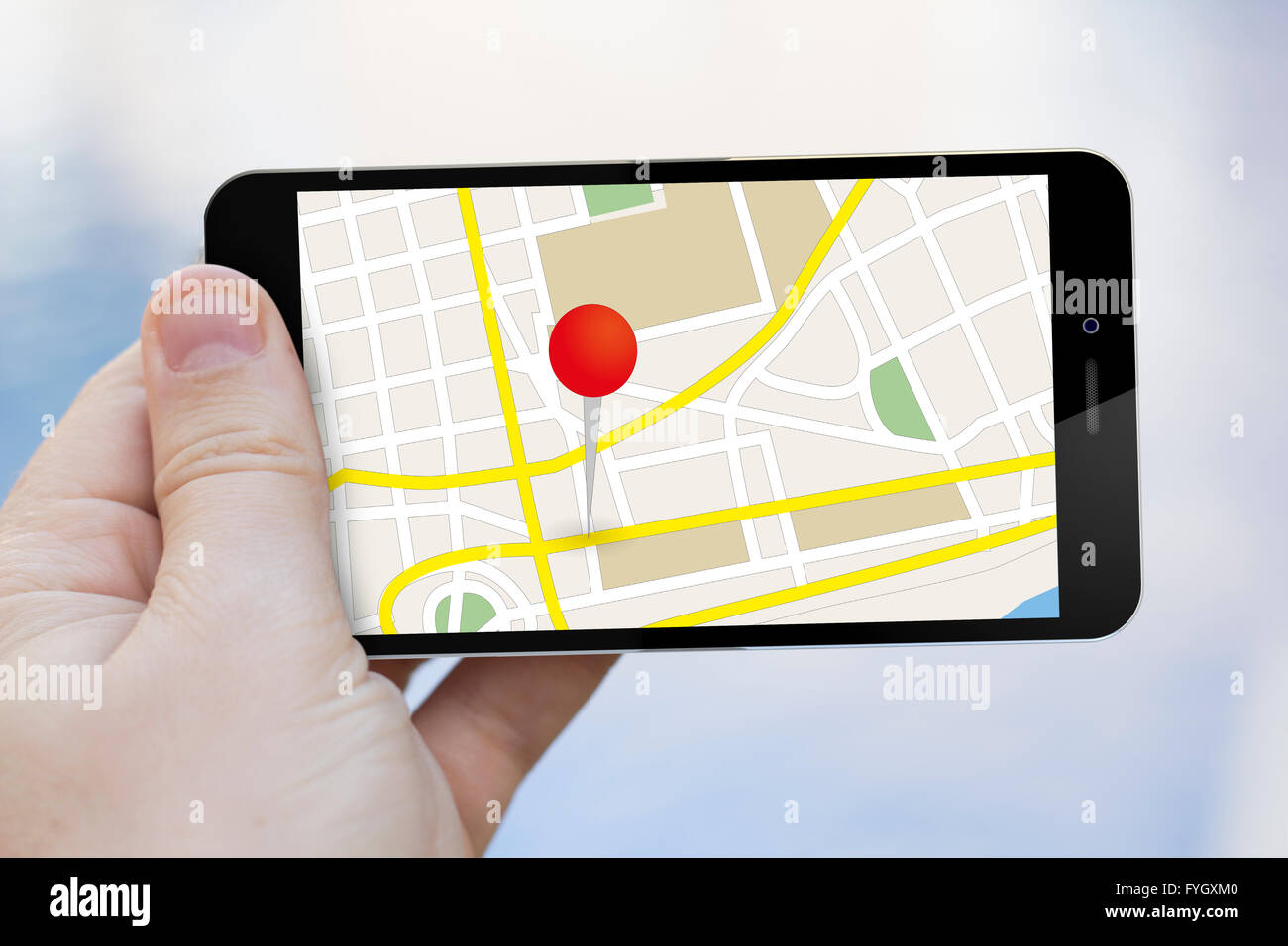 Concept de navigation par satellite GPS écran tactile : téléphone mobile avec carte de navigation app sur l'écran Banque D'Images