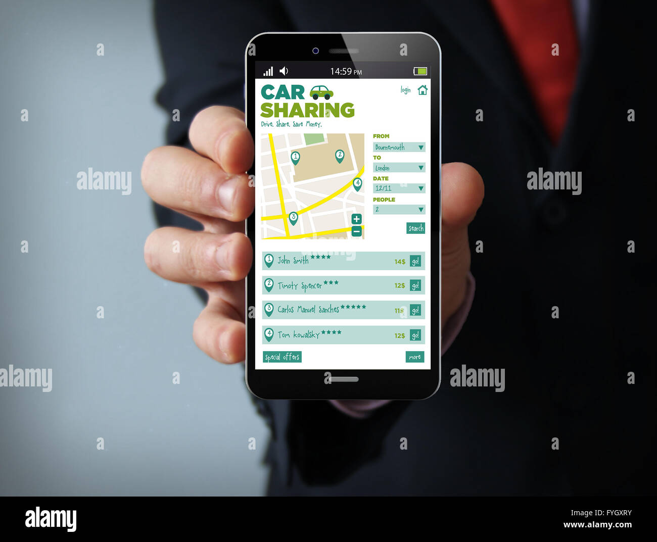 Voyages sociaux concept : businessman main tenant un téléphone tactile 3D généré avec application de partage de voiture sur l'écran. Un écran graphique Banque D'Images