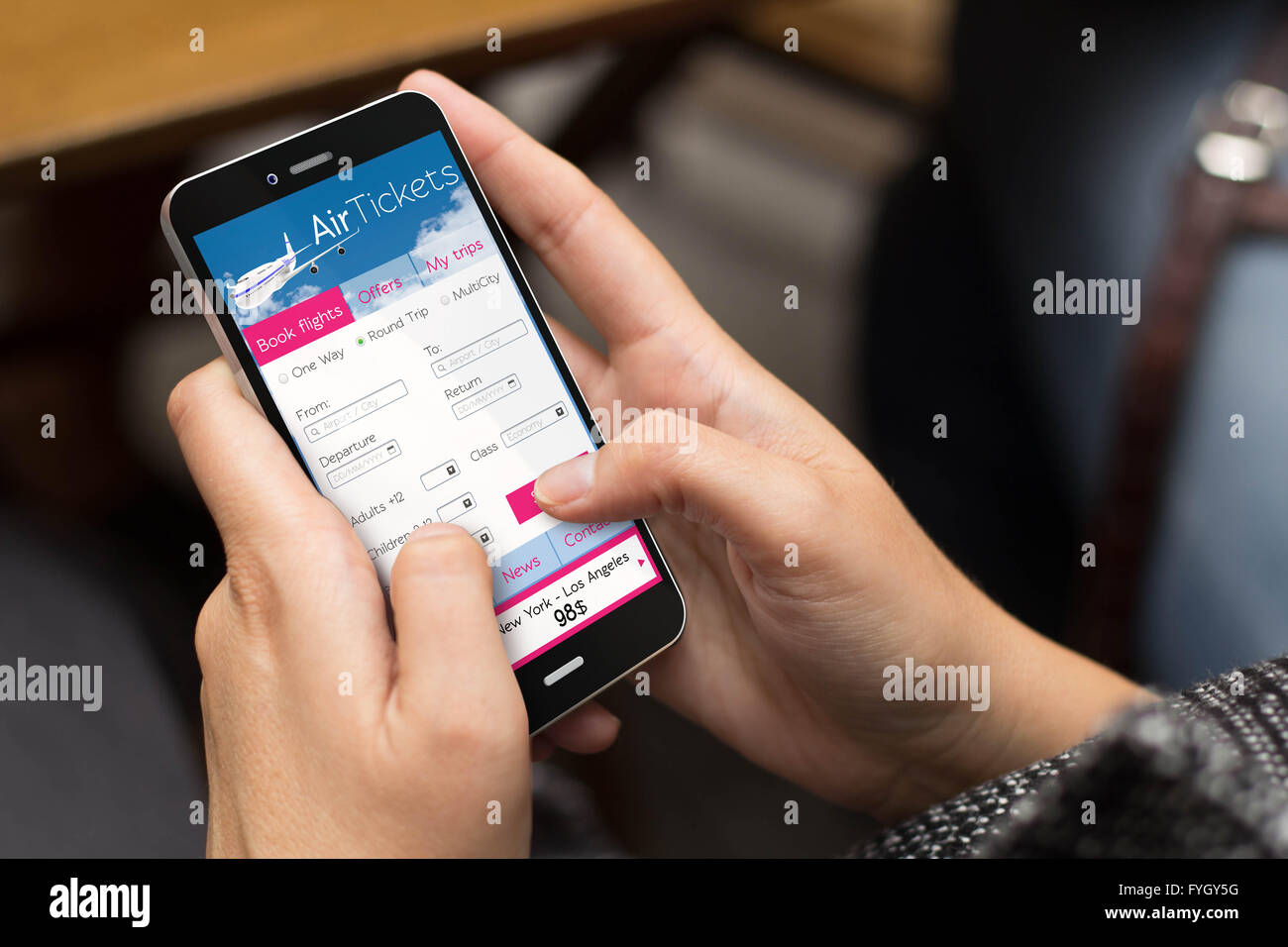 Concept d'entreprise : à l'aide d'un téléphone numérique généré avec entrées vols web. Tous les graphiques de l'écran sont constitués. Banque D'Images
