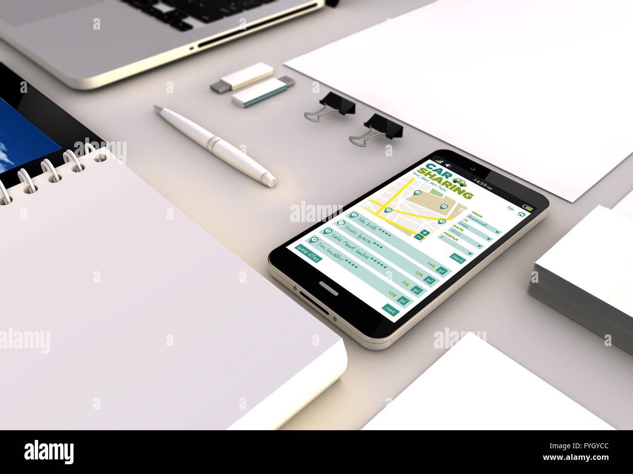 Voyages et tourisme concept : Vue rapprochée d'un smartphone 3D générée touchscreeen avec application de partage de voiture sur l'écran. G L'écran Banque D'Images