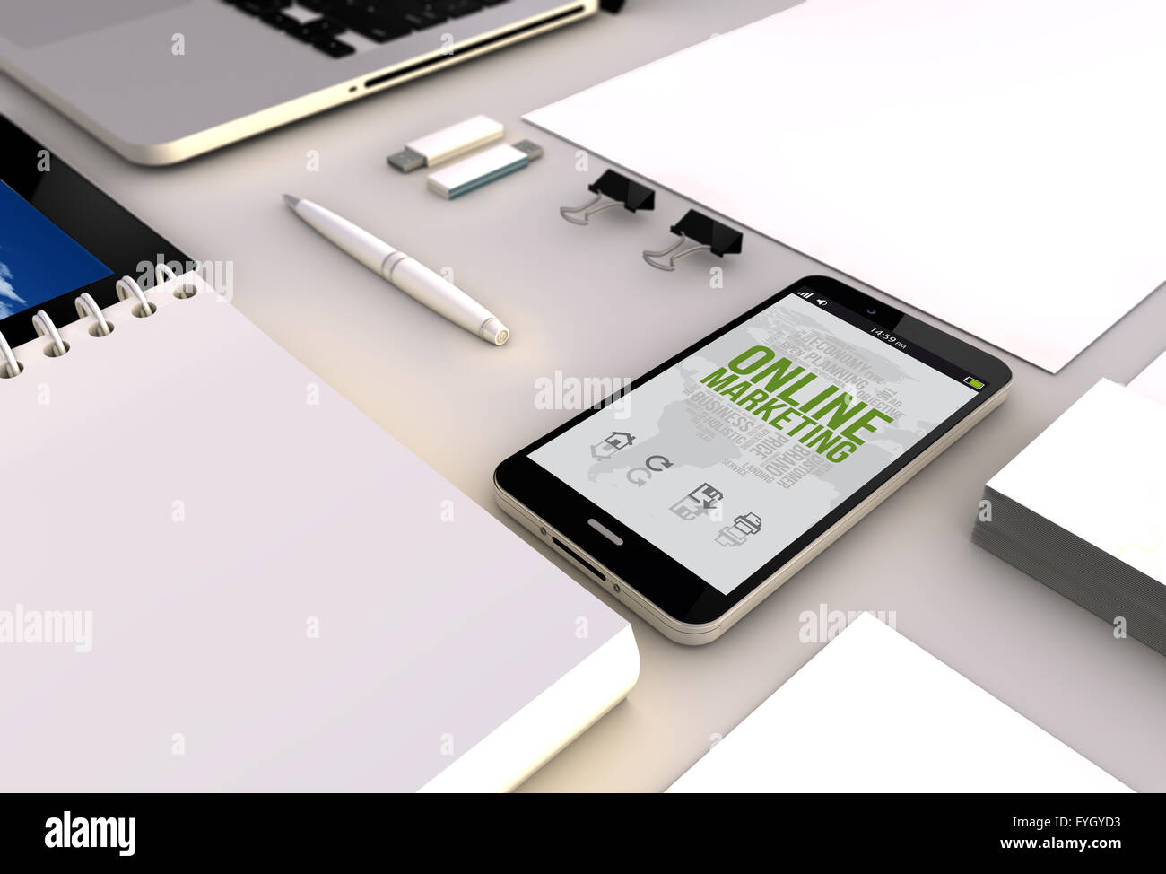 Concept de marketing en ligne : un smartphone 3D générée touchscreeen onterface avec le marketing en ligne à l'écran. Banque D'Images