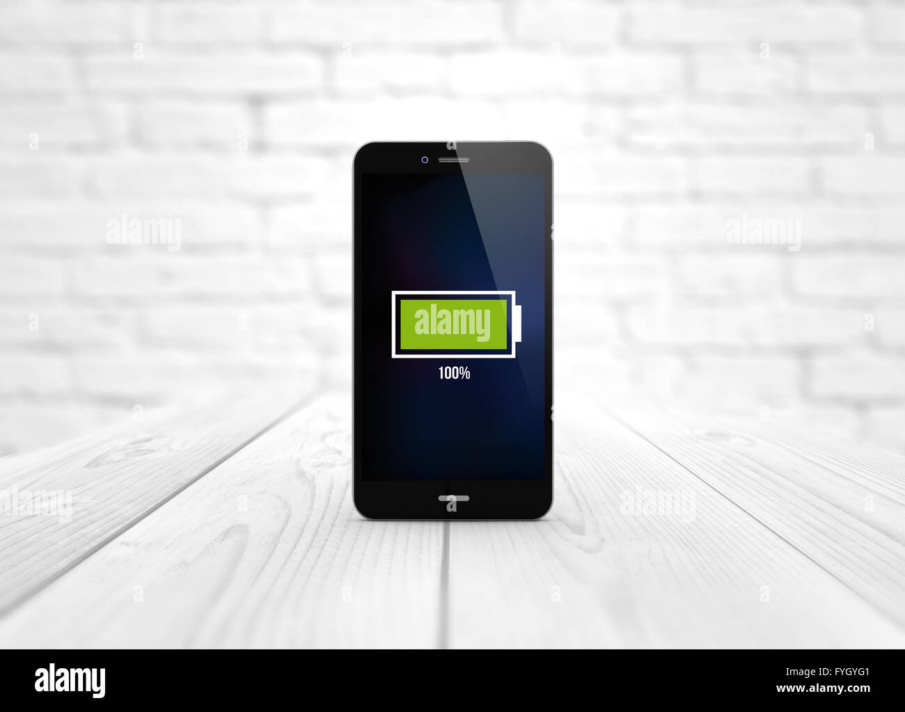 Besoins en énergie moderne : concept généré numérique smart phone sur table en bois avec une batterie pleine. Tous les graphiques de l'écran sont constitués. Banque D'Images