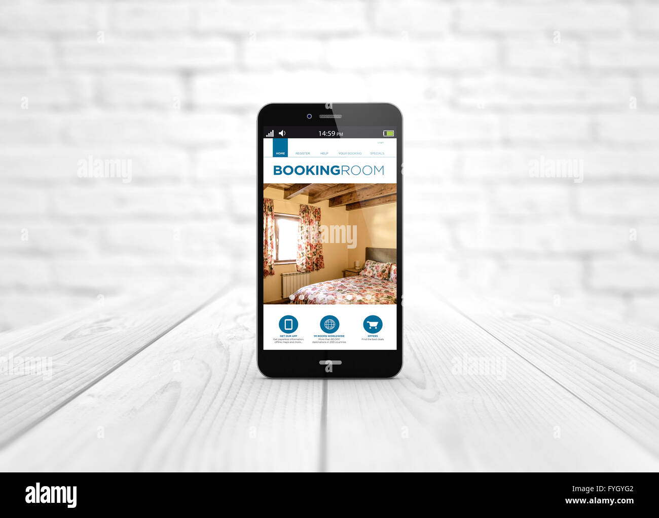 Hôtel d'affaires moderne et des communications numériques : concept smart phone généré plus de table en bois avec réservation site web. Toute la gra Banque D'Images