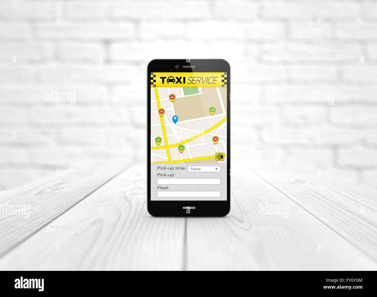 Hôtel d'affaires moderne et des communications numériques : concept smart phone généré plus de table en bois avec demande de taxi. Toute la gr Banque D'Images
