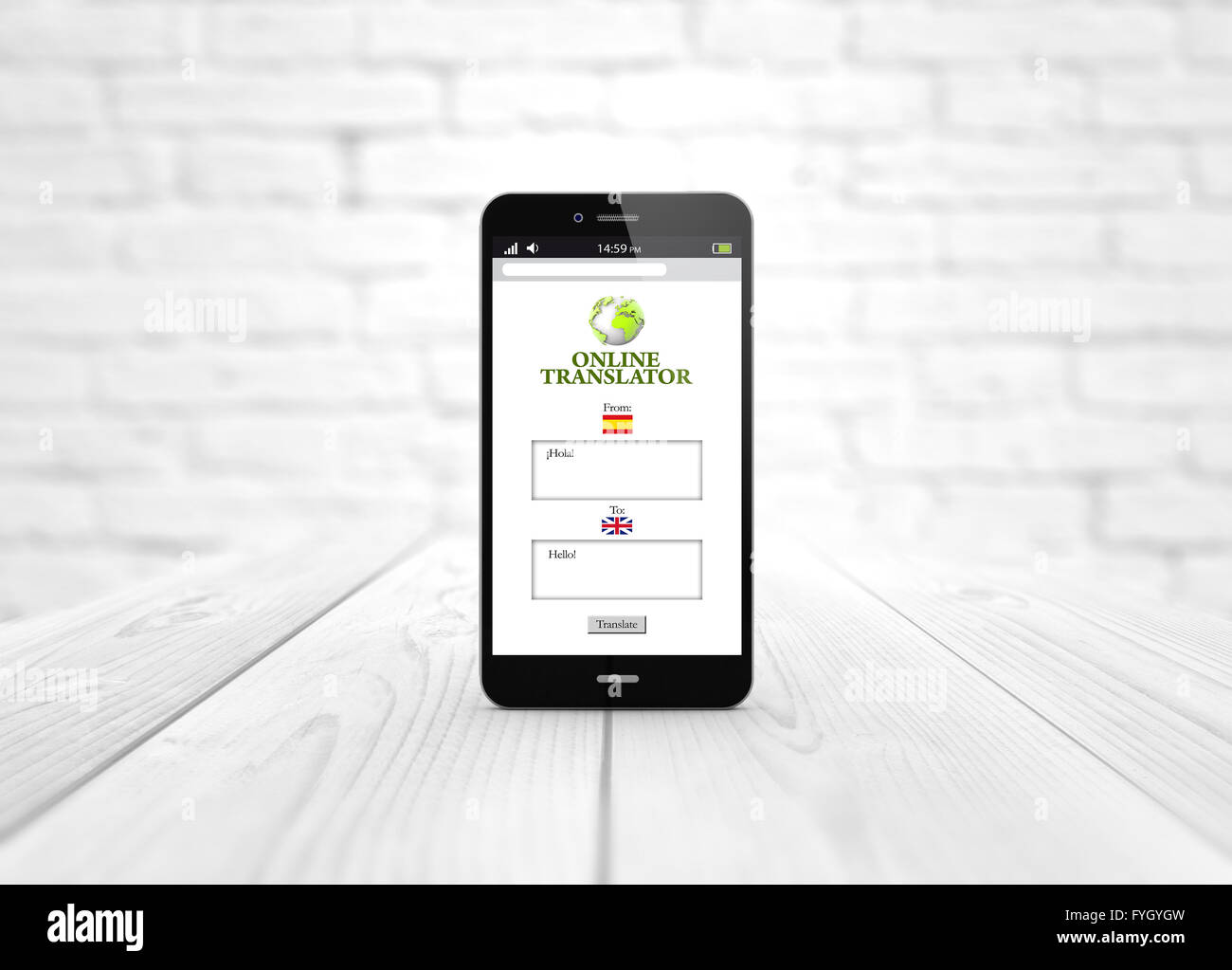 La traduction moderne et des communications numériques : concept smart phone généré plus de table en bois avec translator app. Toute la g Banque D'Images