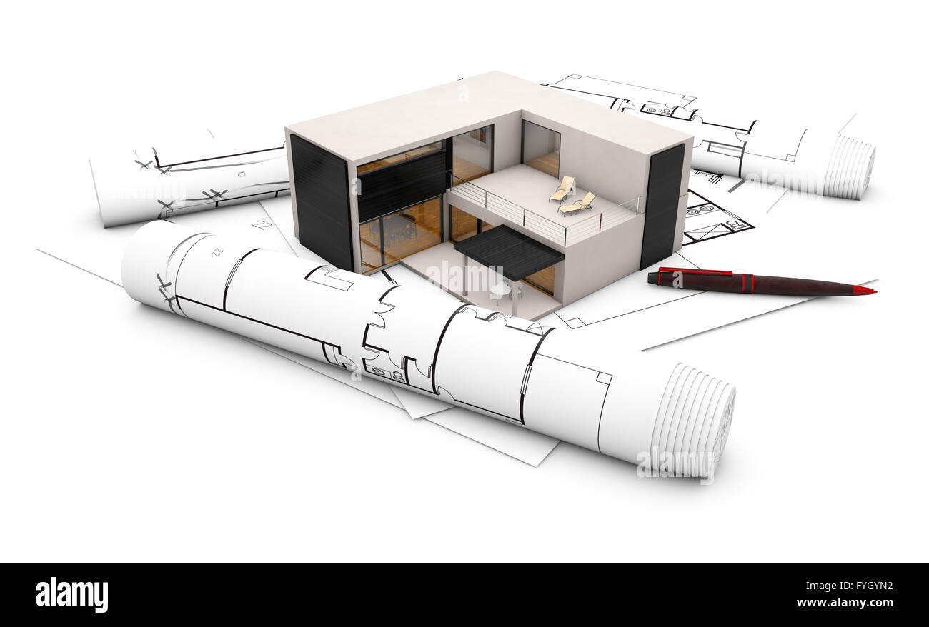 Concept du projet : plan de maison de béton sur des parcelles isolées sur fond blanc Banque D'Images