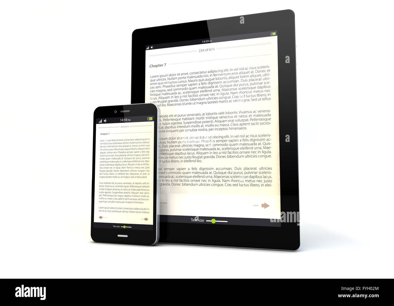 Le rendu d'un tablet pc et un téléphone intelligent avec un livre sur l'écran de l'app Banque D'Images