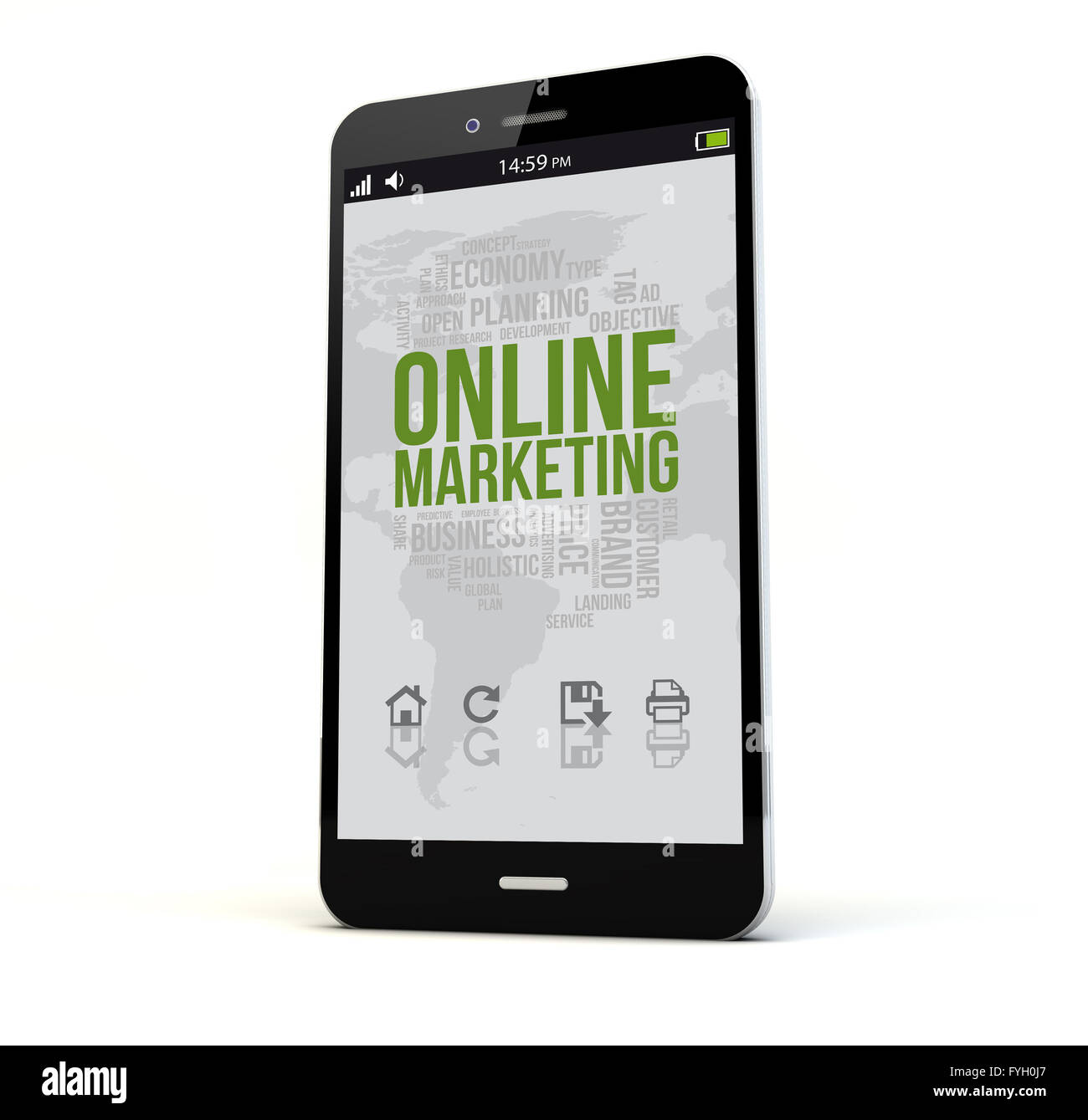 Le rendu d'un téléphone avec le marketing en ligne à l'écran isolé. Écran graphique sont constitués. Banque D'Images