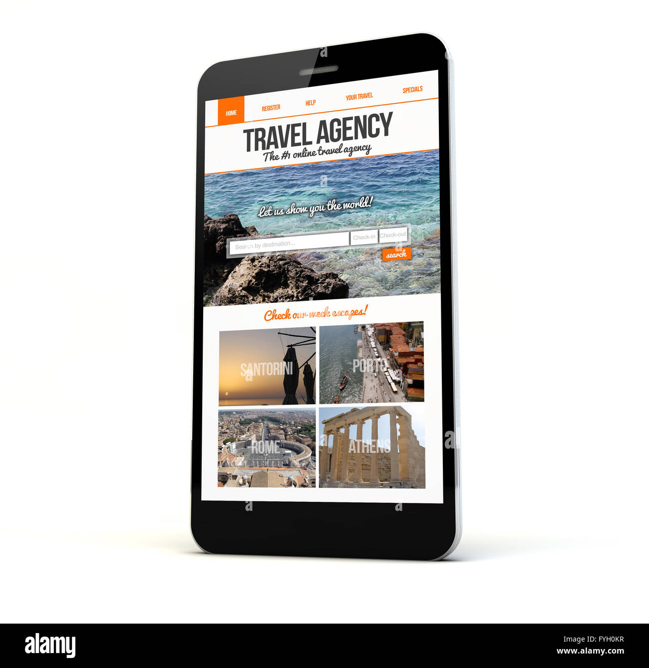 Le rendu d'un téléphone avec l'agence de voyages site sur l'écran isolé. Écran graphique sont constitués. Banque D'Images