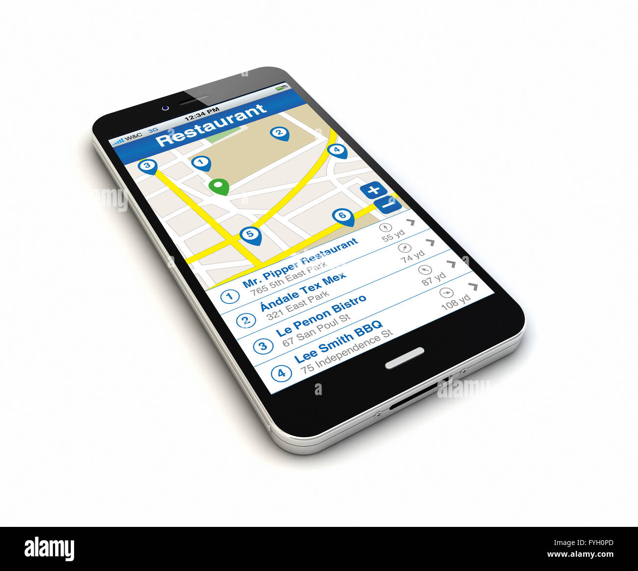 Le rendu d'un smartphone original isolé avec restaurant search retourner à l'écran. Tous les graphiques de l'écran sont constitués. Banque D'Images