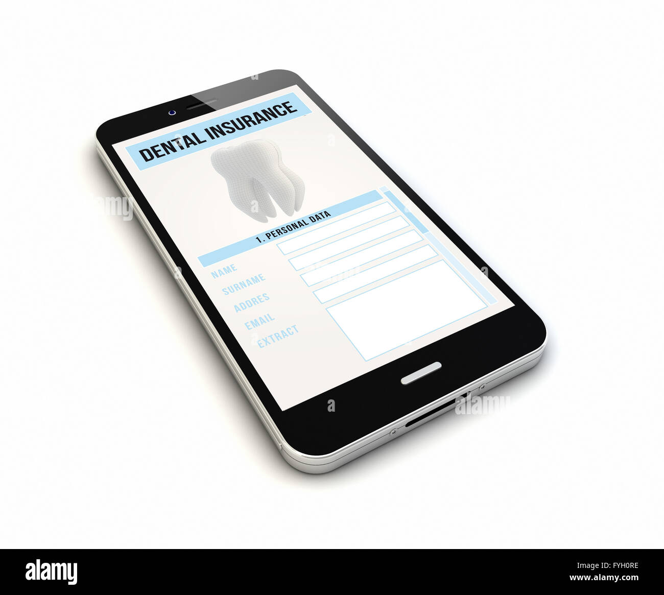 Le rendu d'un smartphone avec l'assurance-soins dentaires sur l'écran. Écran graphique sont constitués. Banque D'Images