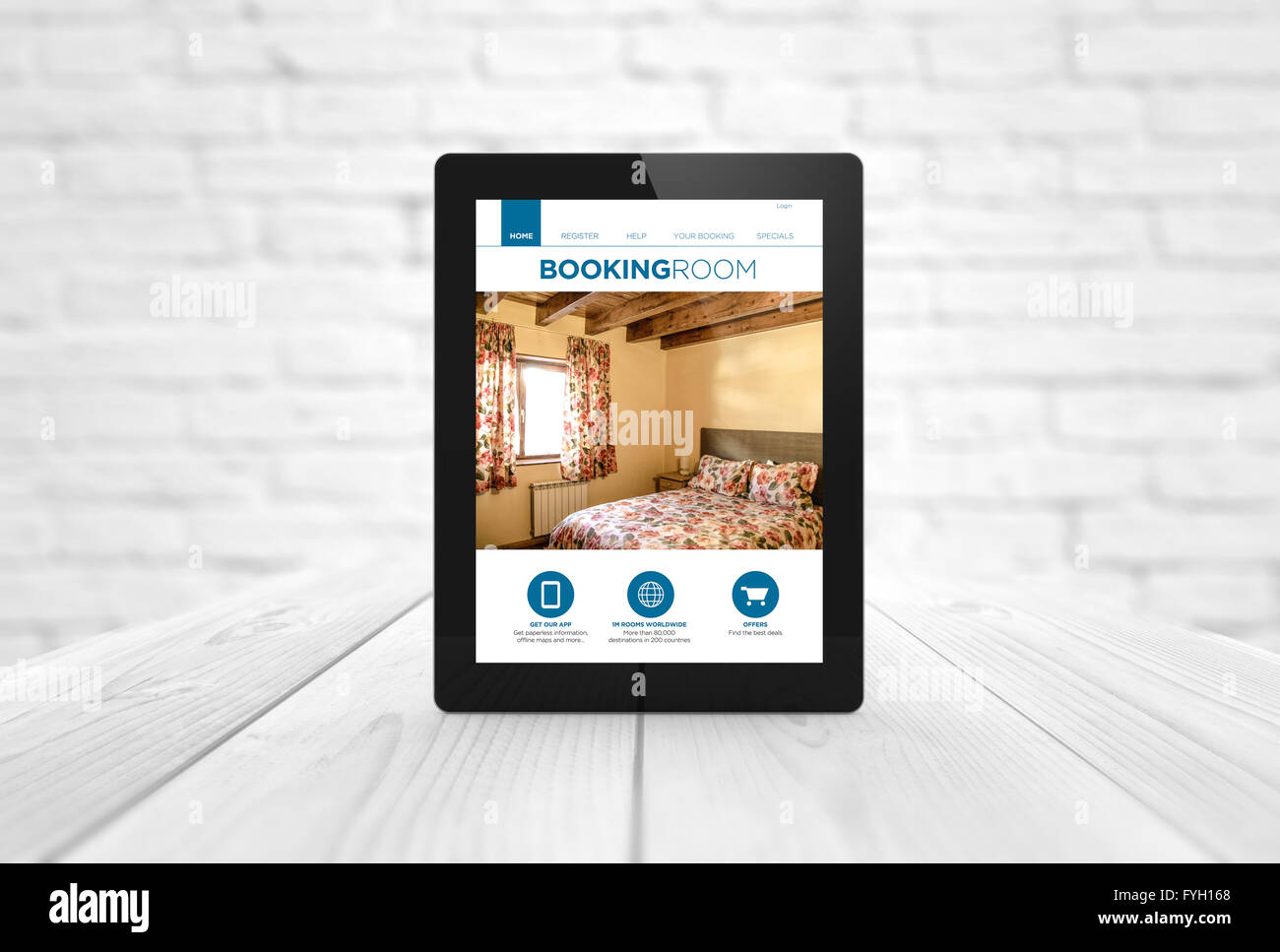 Concept de communication : rendre d'une tablette avec booking site sur l'écran. Tous les graphiques de l'écran sont constitués. Banque D'Images