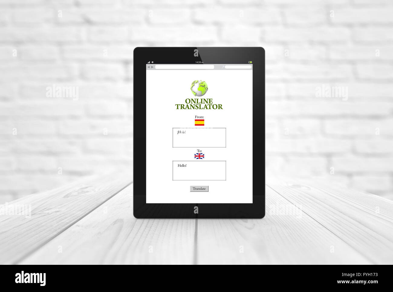 Concept de communication : rendre d'une tablette avec traducteur de sites web sur l'écran. Tous les graphiques de l'écran sont constitués. Banque D'Images