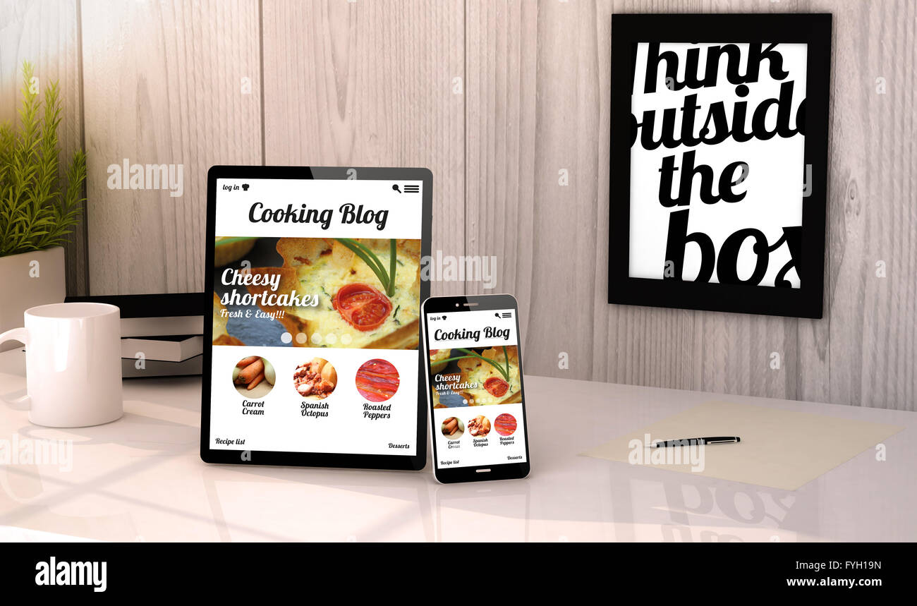 Tablette numérique générée et téléphone sur un bureau de travail blog cuisine à l'écran. Tous les graphiques sont constitués. Banque D'Images