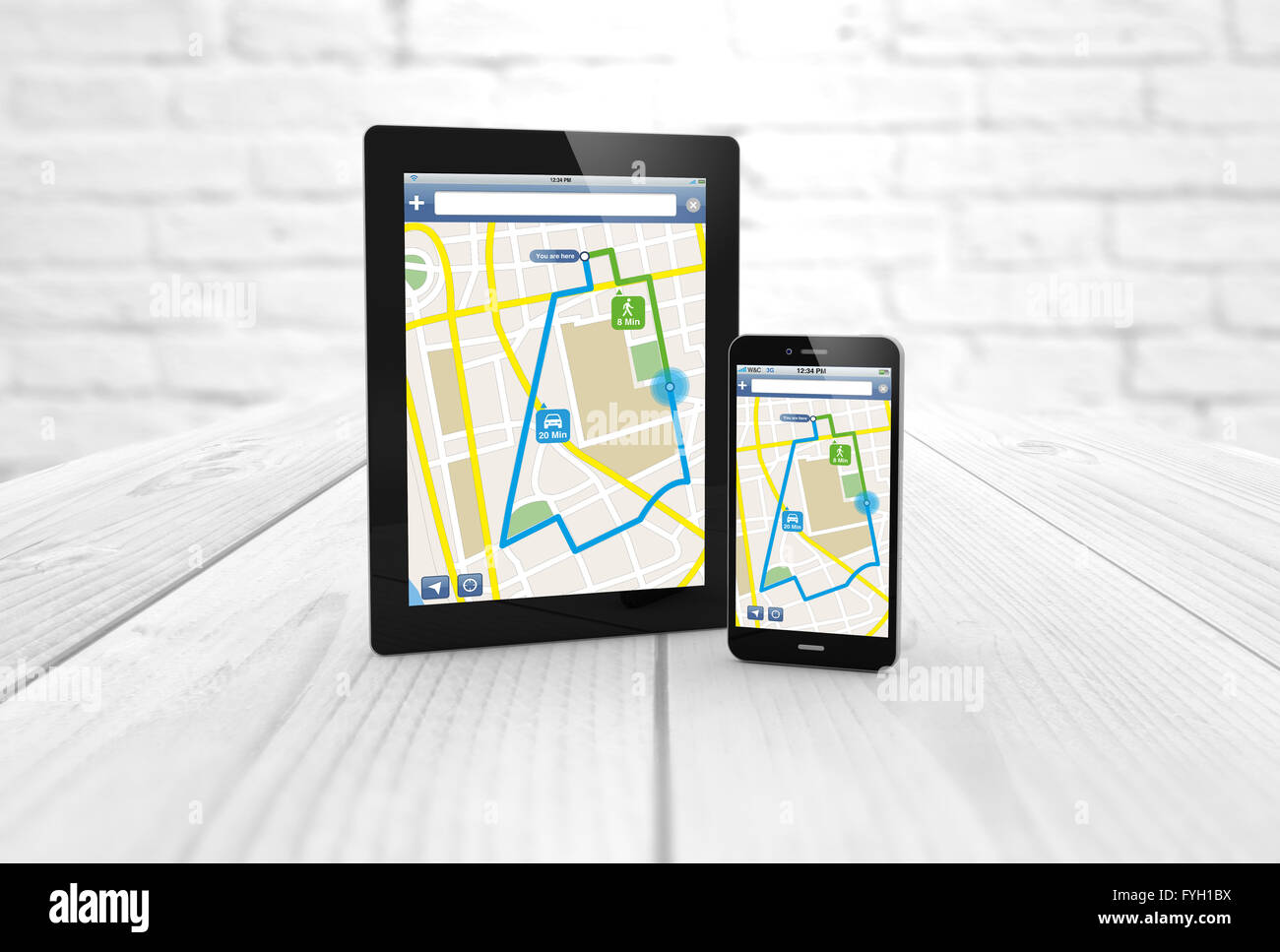 De navigation par satellite (GPS) et l'emplacement à la planification d'itinéraire concept : smartphone et tablette numérique généré par ordinateur wireless Banque D'Images
