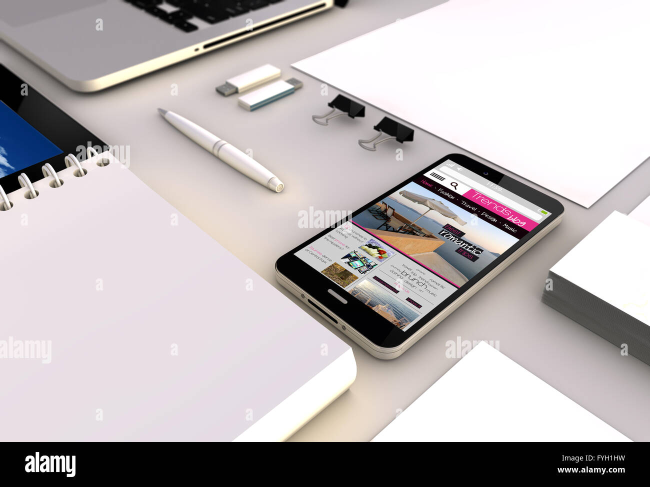 Blog de tendances concept : Vue rapprochée d'un smartphone 3D généré avec touchscreeen tendances blog site sur l'écran. Graphique de l'écran Banque D'Images