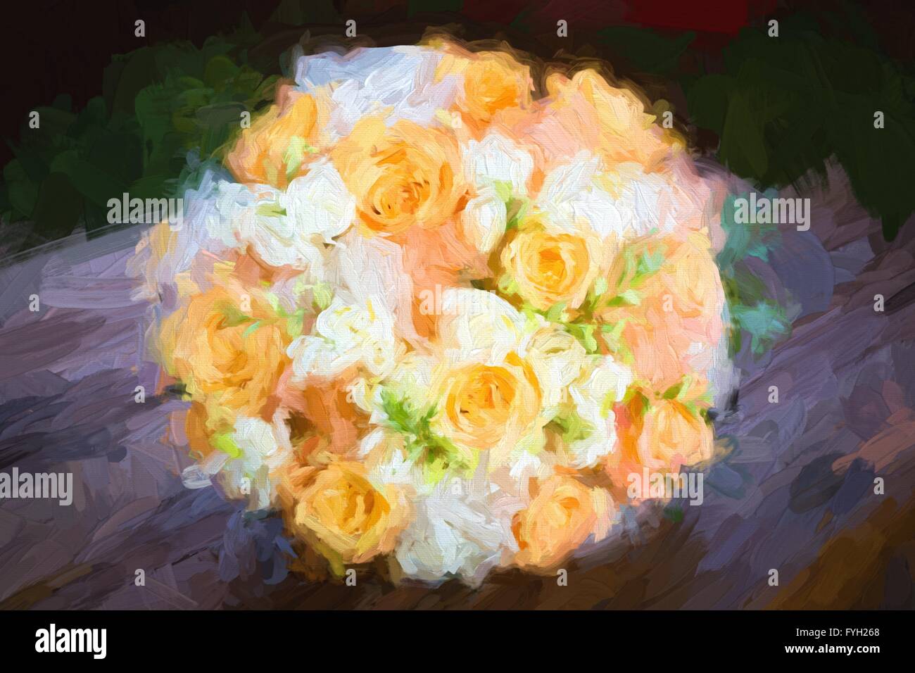 Peinture à l'huile bouquet de fleurs orange et blanc avec Banque D'Images
