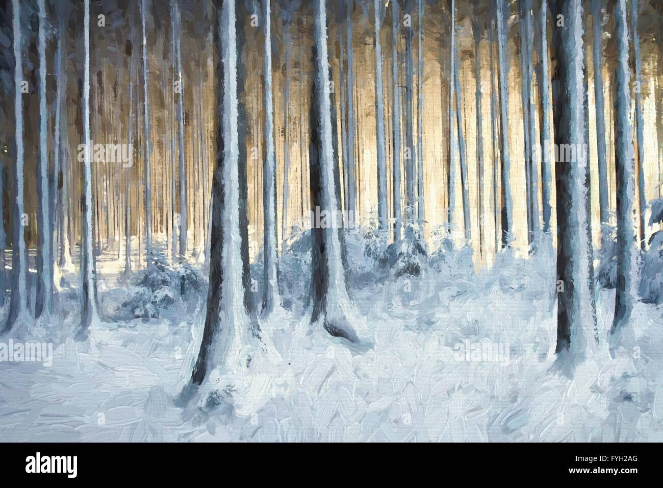 Huile sur toile paysage de neige dans la forêt d'hiver Banque D'Images