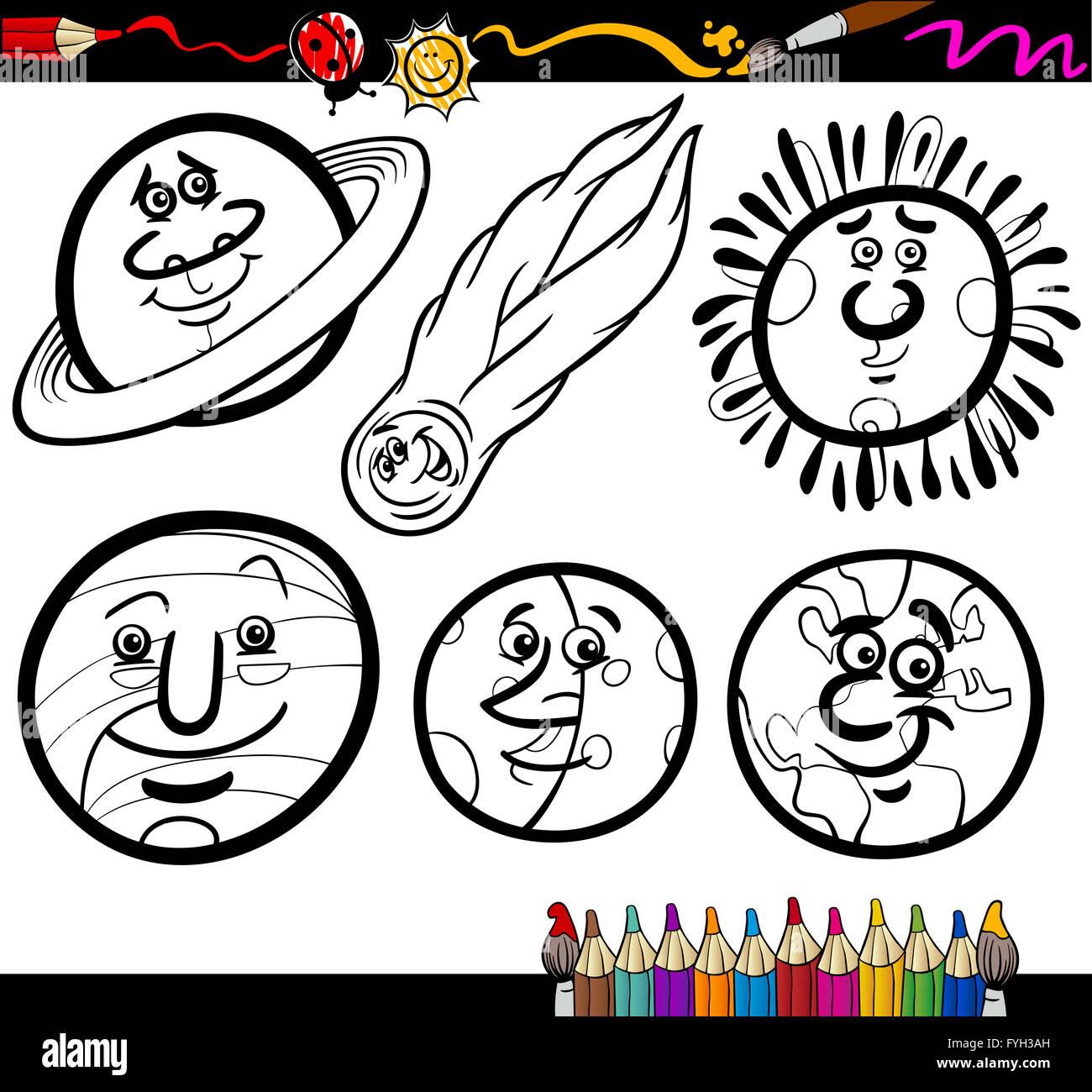 Planètes Cartoon et orbes page à colorier Banque D'Images