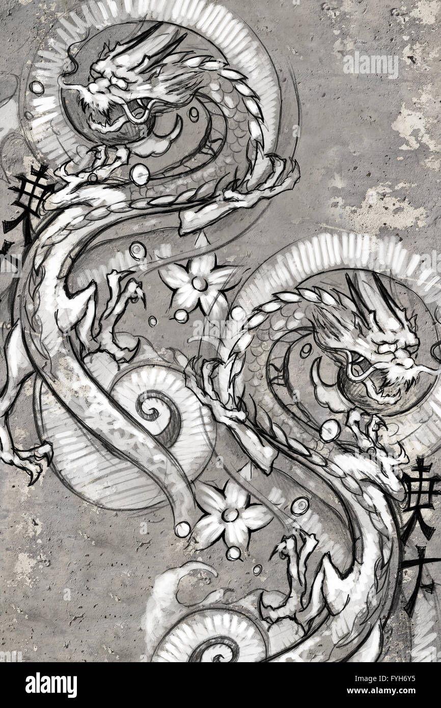 L'art du tatouage japonais, illustration dragons Banque D'Images