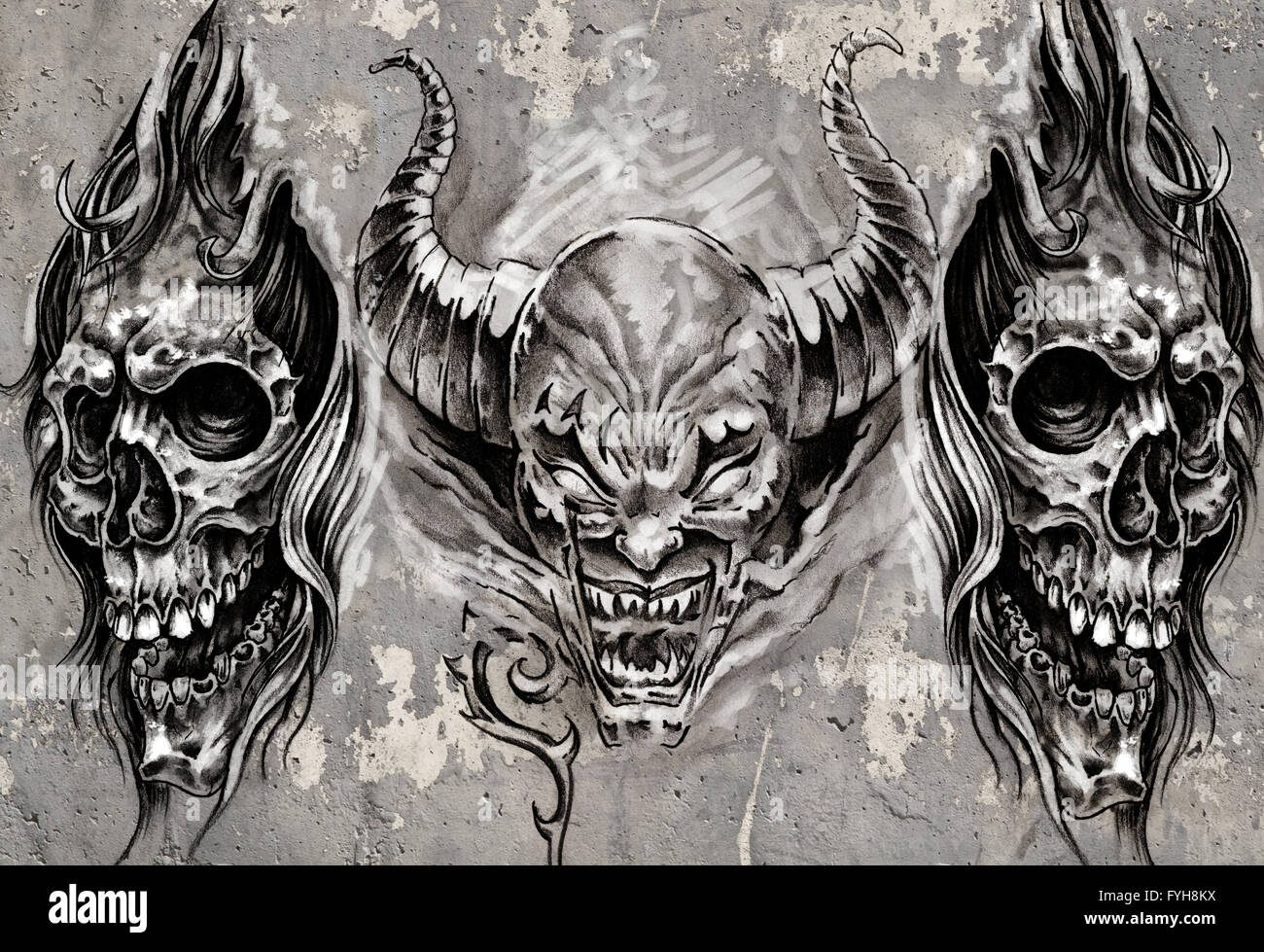 L'art du tatouage, 3 démons sur fond gris, Sketch Banque D'Images